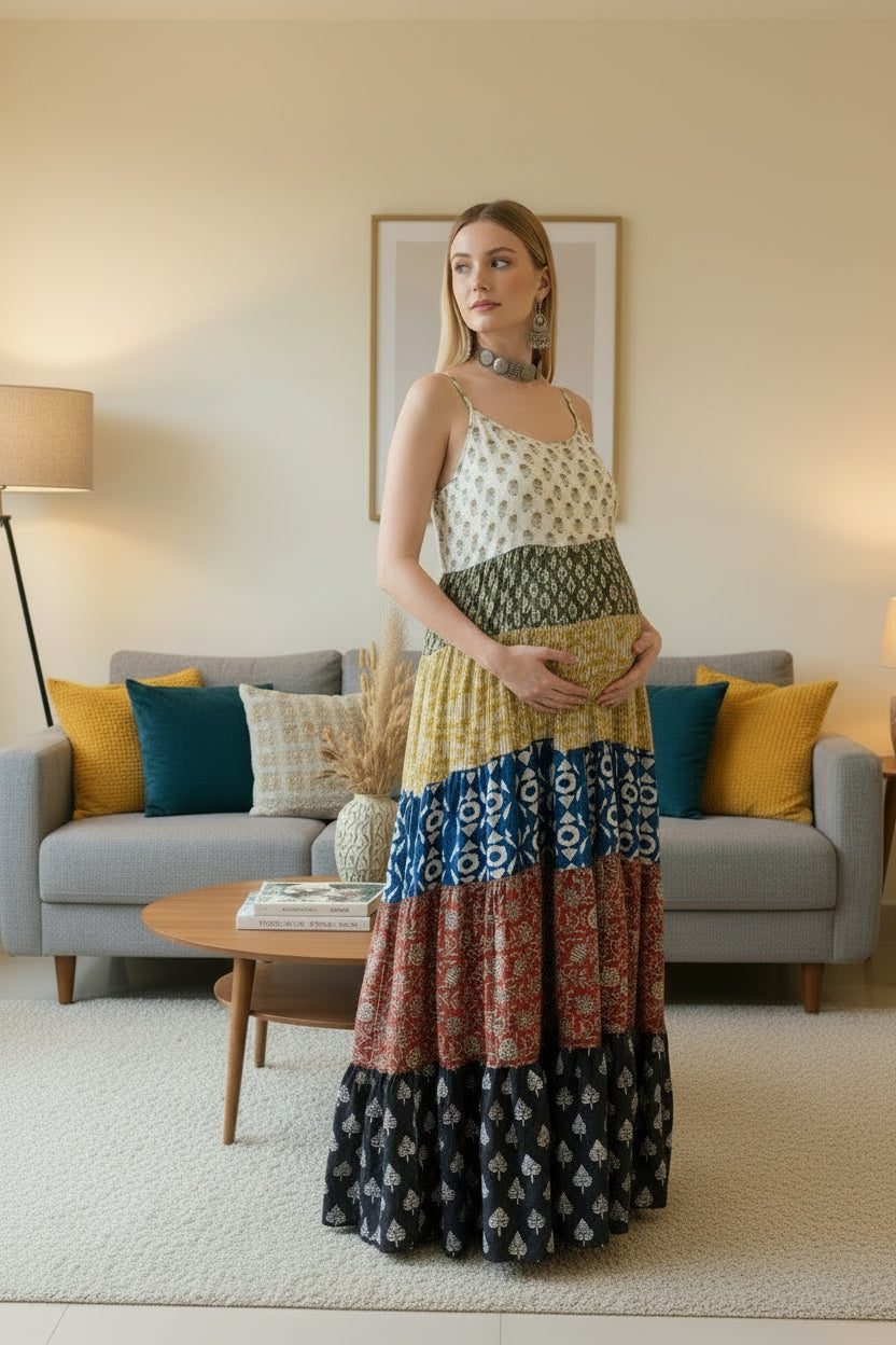 Mixed Patterns Hand-Block 5-Tier Spaghetti Maternity Dress
