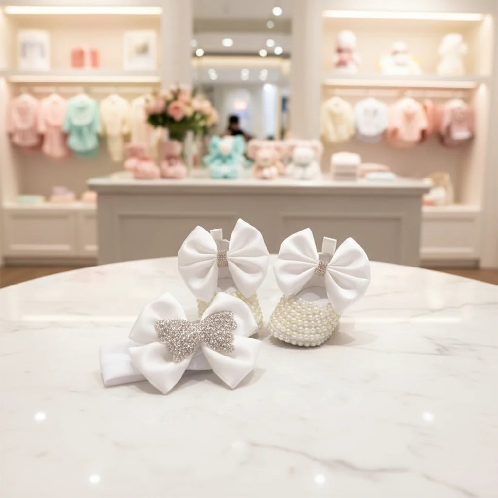Handmade White Pearl Rhinestone Baby Crib Shoes Organza Christening Wedding 0-3m