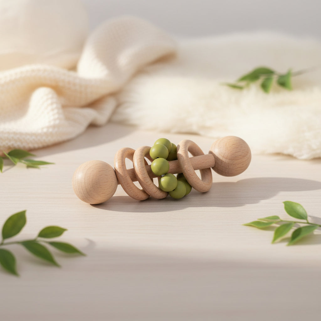 Natural Beech Wood Baby Teething Rattle With Gentle Soothing Sound