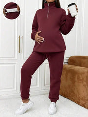 Burgundy Maternity Zip-Up Top And Jogger Pants Set Smart Casual Lounge Wear