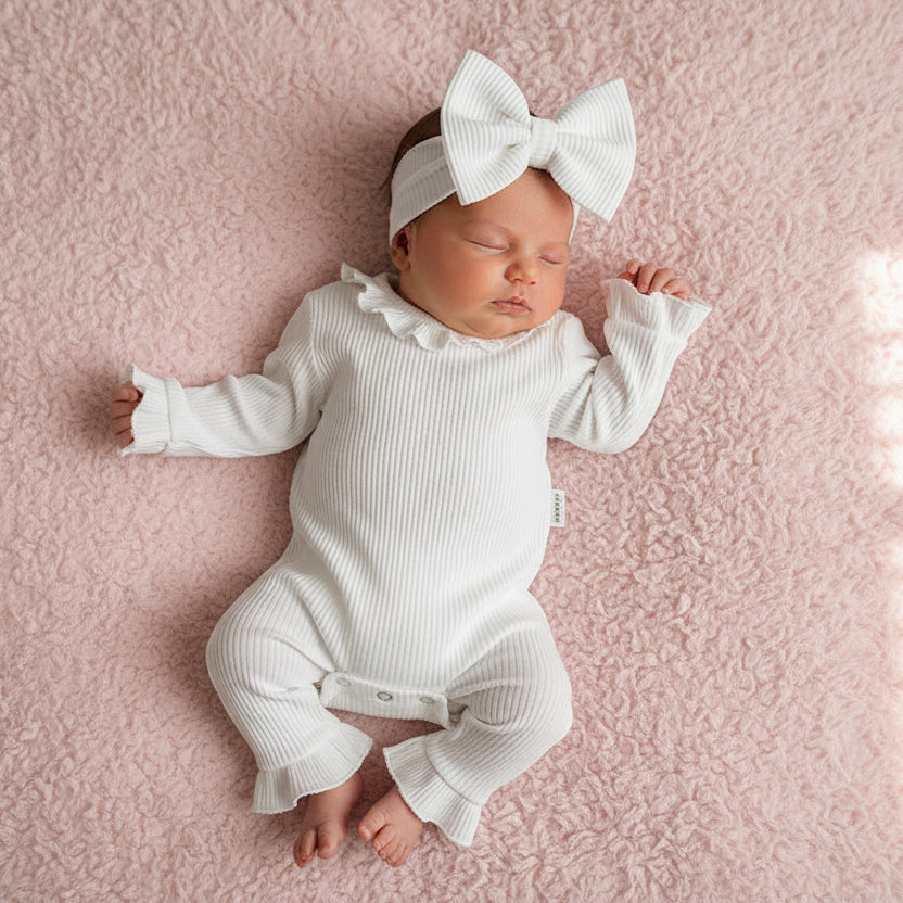 New Infant Autumn Sunken Stripe Romper Hair Band Set Baby Girl One-piece Tights