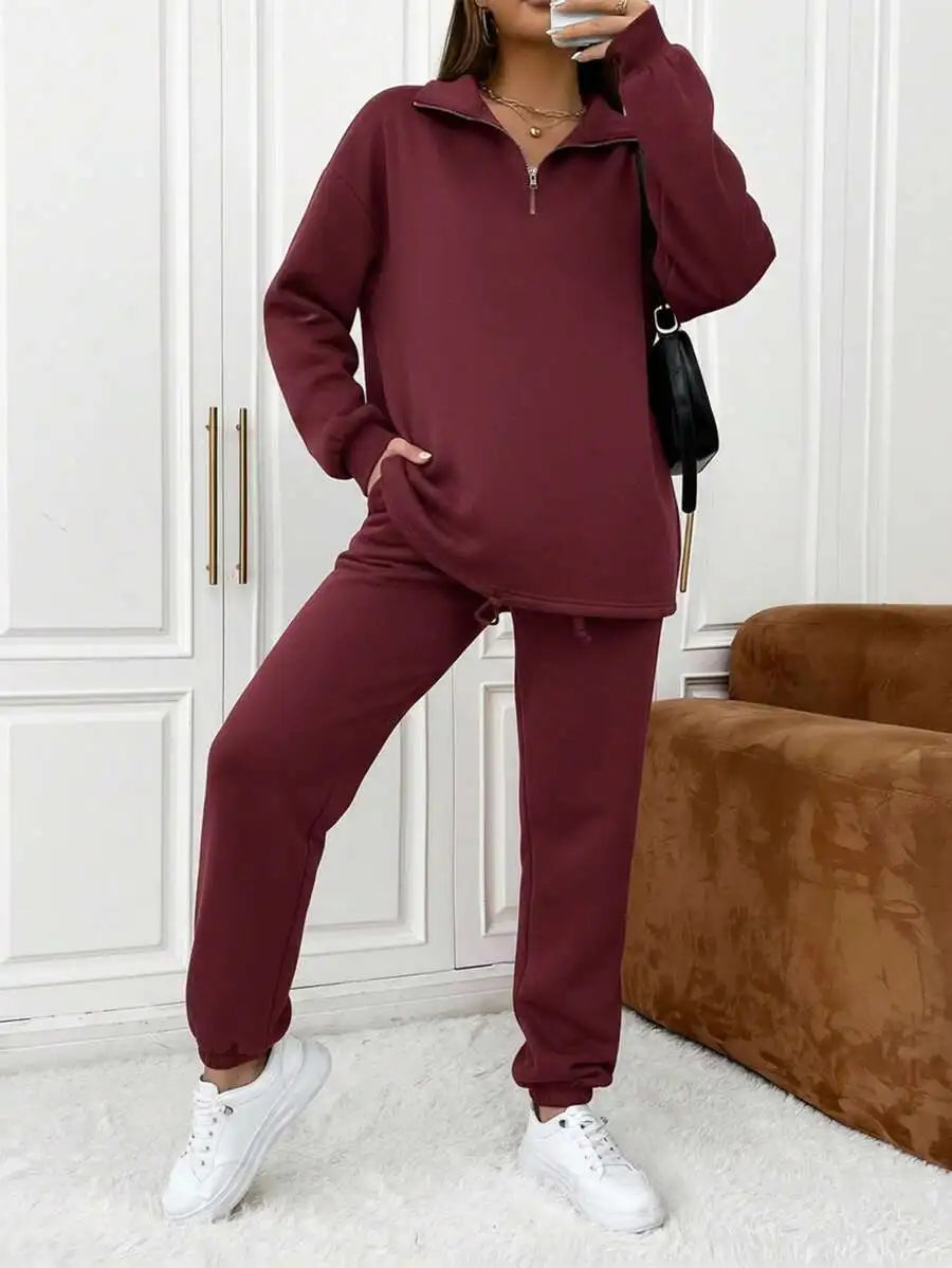 Burgundy Maternity Zip-Up Top And Jogger Pants Set Smart Casual Lounge Wear