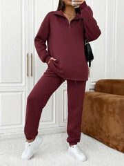 Burgundy Maternity Zip-Up Top And Jogger Pants Set Smart Casual Lounge Wear