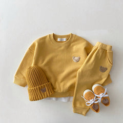 Korean Style Ins Newborn Infant Children's Cotton Bear Round Neck Sweater Sports Suit Baby Leisure Cartoon Two Piece Set