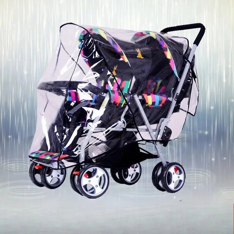 Double Seat Baby Stroller Waterproof Cover with Storage Bag for Tandem Twin Pushchair for Rainy Day Use