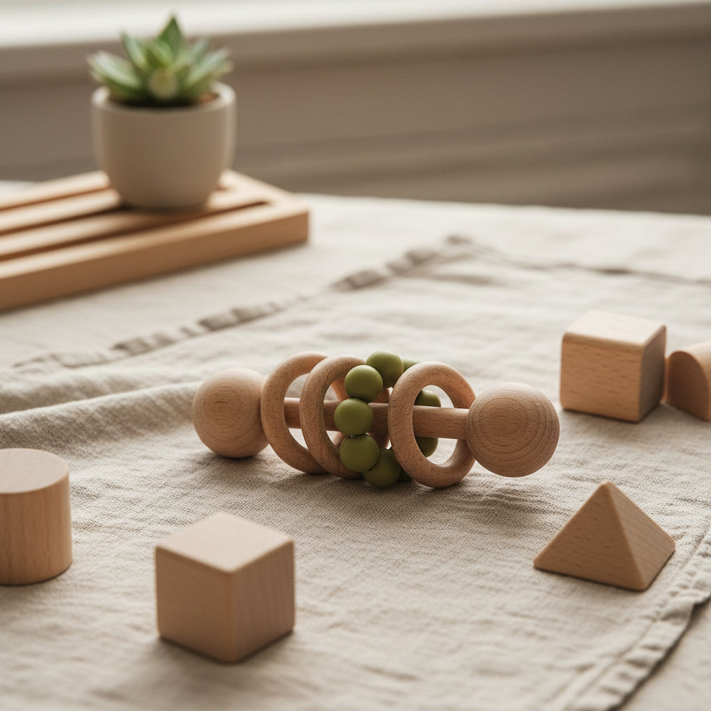 Natural Beech Wood Baby Teething Rattle With Gentle Soothing Sound
