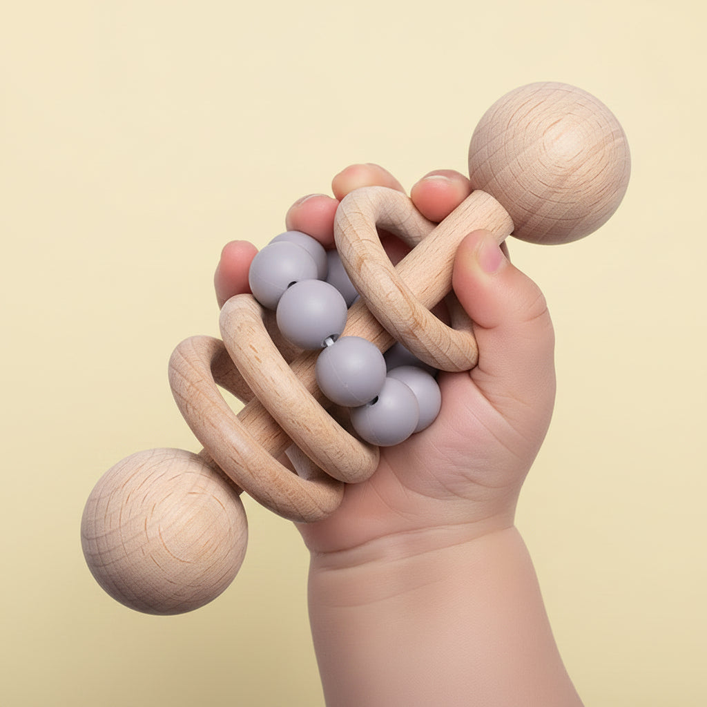 Natural Beech Wood Baby Teething Rattle With Gentle Soothing Sound