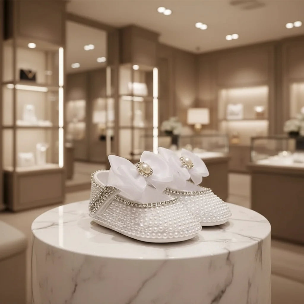 Handmade White Pearl Rhinestone Baby Crib Shoes Organza Christening Wedding 0-3m