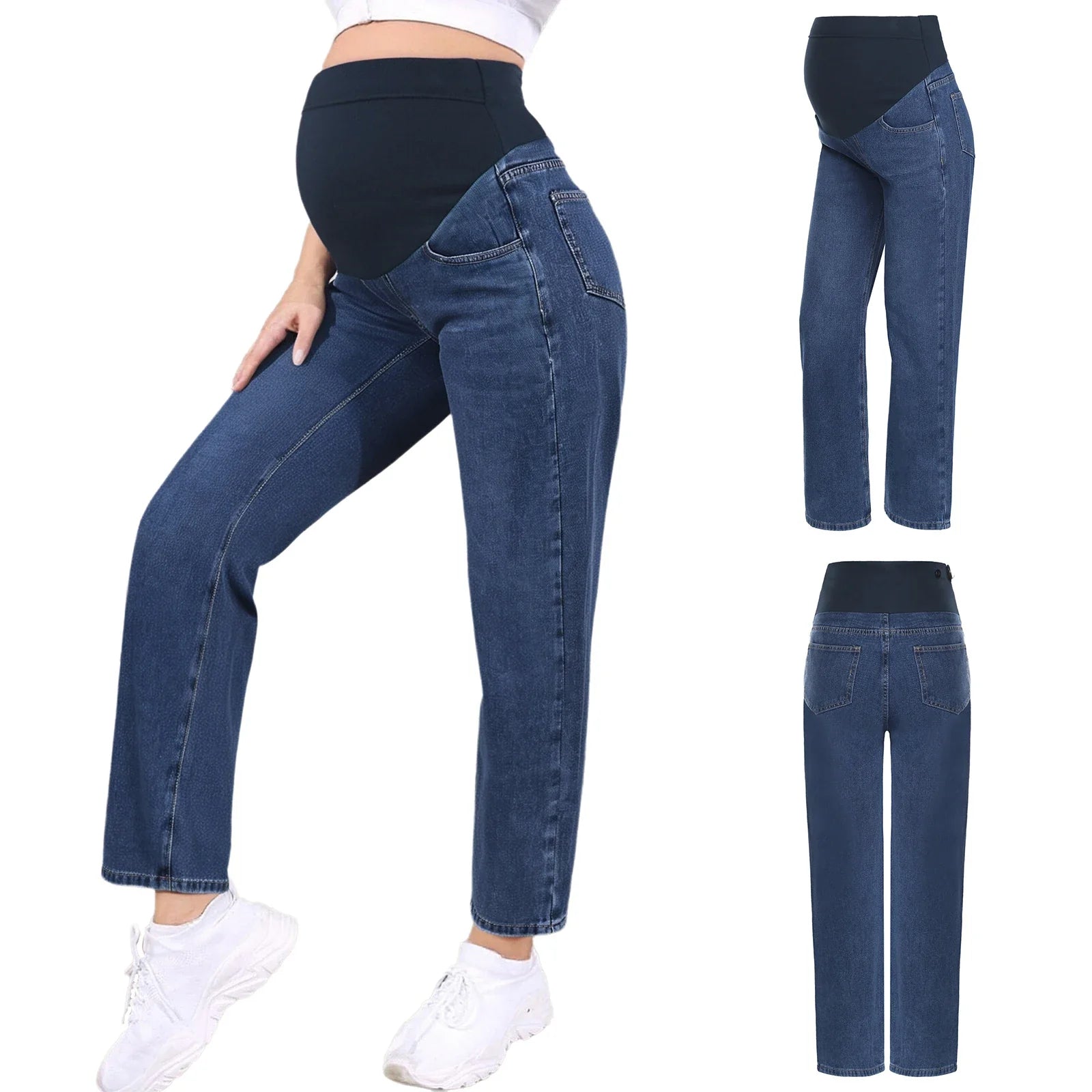 Premama Clothes Maternity Moms Jeans Adjustable High Waist Trousers Pregnant Women Casual Wide-Leg Denim Pants with Pockets