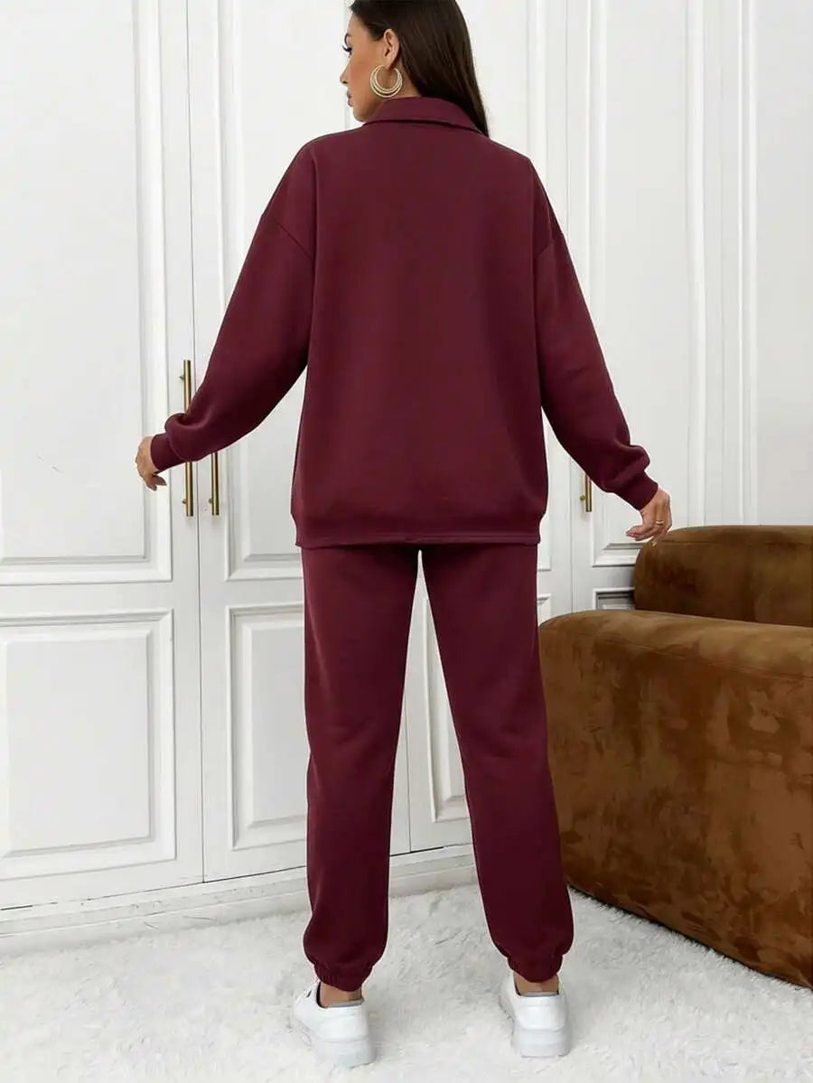 Burgundy Maternity Zip-Up Top And Jogger Pants Set Smart Casual Lounge Wear