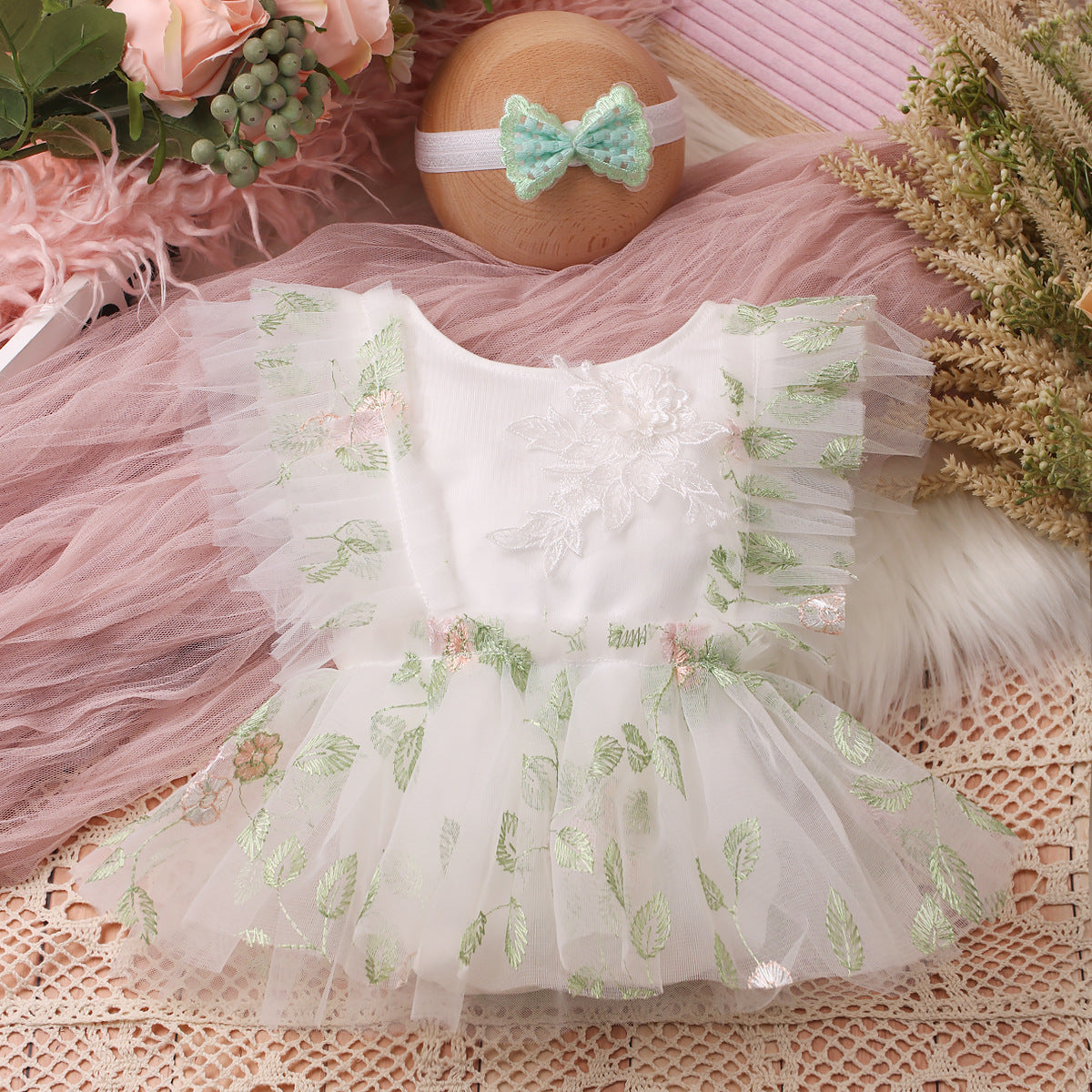 Two-piece Newborn Embroidery Floral Lace Mesh Jumpsuit