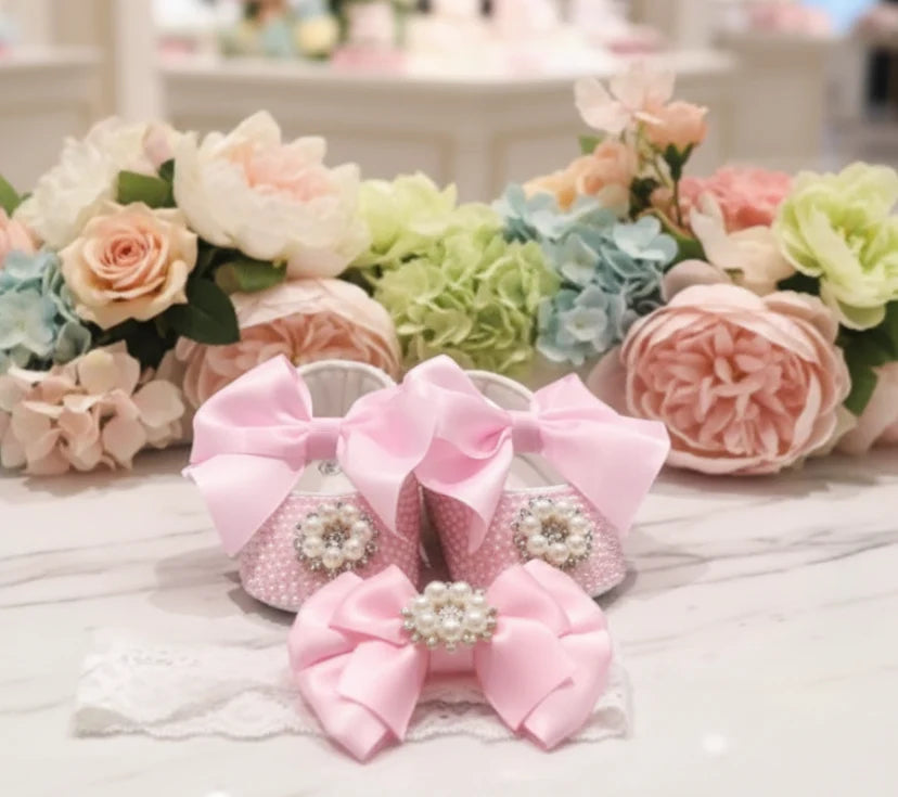Handmade White Pearl Rhinestone Baby Crib Shoes Organza Christening Wedding 0-3m