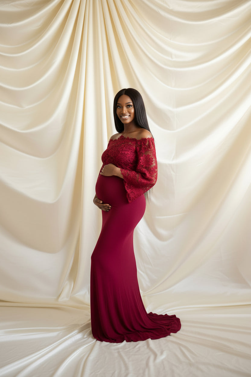 Women's Lace Long-sleeved Mercerized Cotton Off-neck Maternity Dress