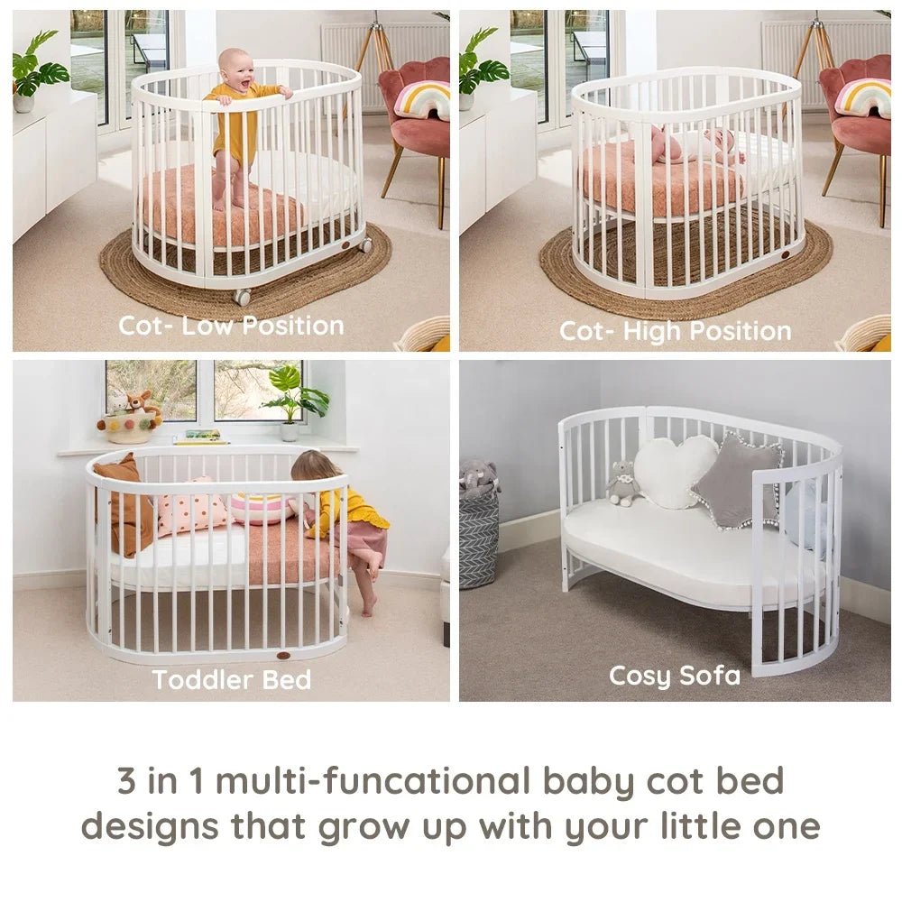 Only B2B Boori Adjustable Height Oval Newborn Baby Crib Wooden Cot with Wheels