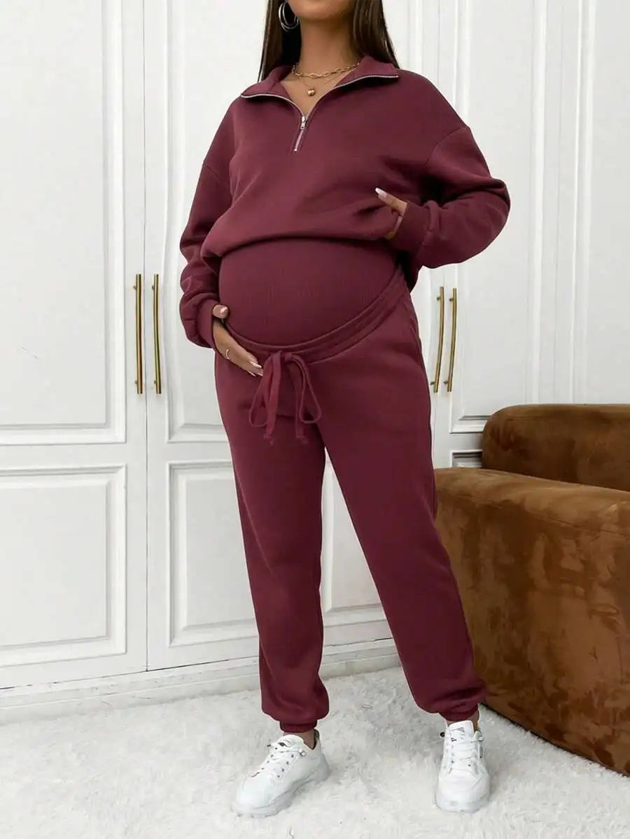 Burgundy Maternity Zip-Up Top And Jogger Pants Set Smart Casual Lounge Wear