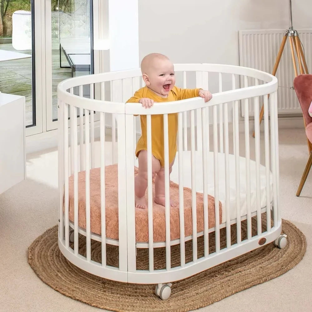 Only B2B Boori Adjustable Height Oval Newborn Baby Crib Wooden Cot with Wheels