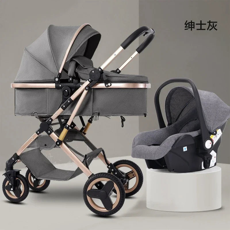 Newborn 3-in-1 Stroller with High View, Two-way Sitting and Lying Function, Baby Stroller with Carrycot and Car Safety Seat
