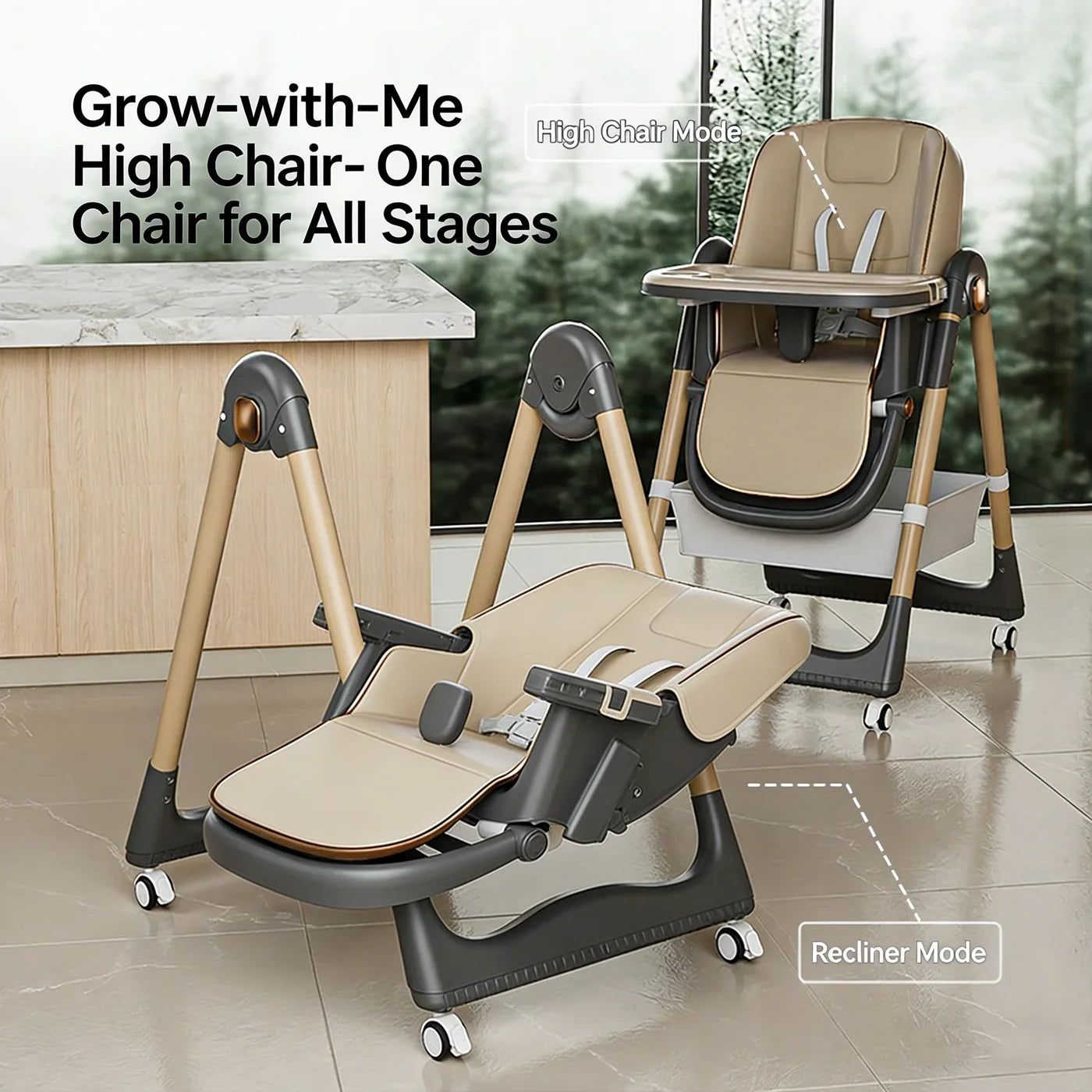 High Chairs for Babies and Toddlers, Foldable High Chair with Lockable Wheels, 4-in-1 Convertible, Adjustable Reclining Seat