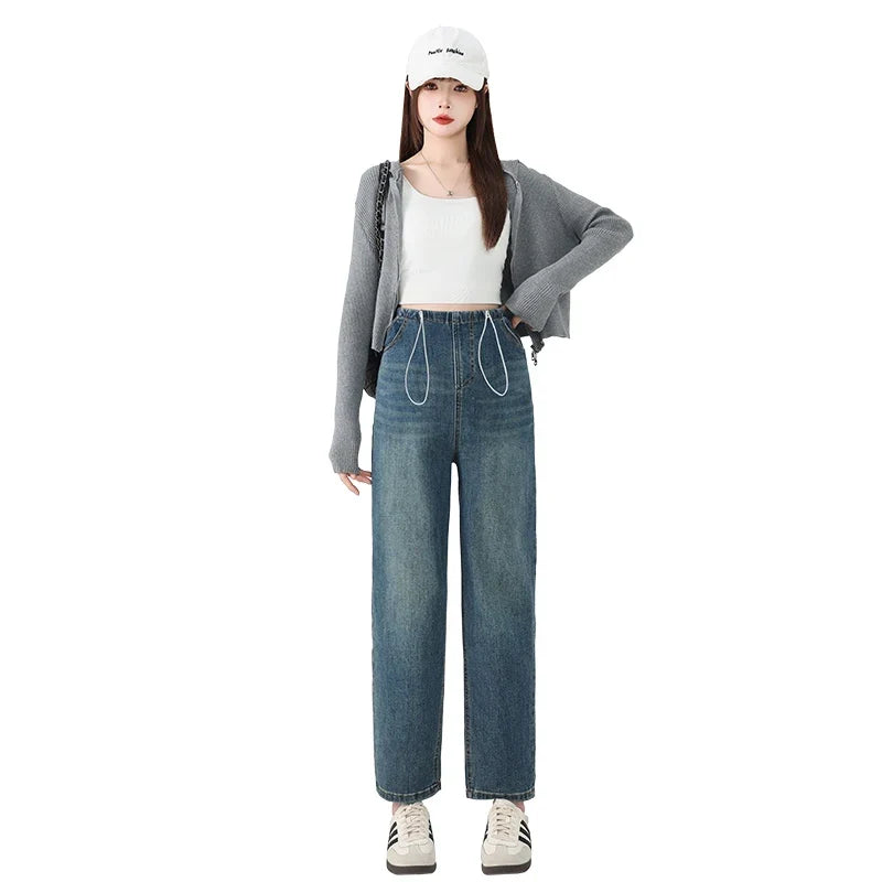 Maternity Drawstring Straight Jeans Pregnancy Women's 2025 New Hot Style High Waisted Loose Slimming Cropped Cigarette Pants
