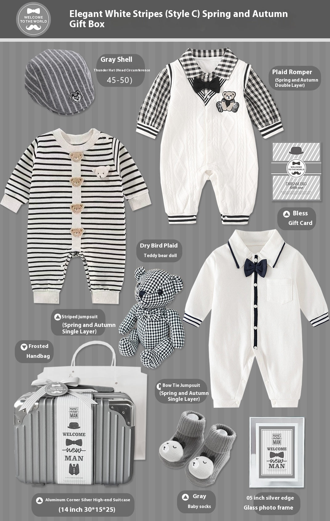 Brand Product Name - Premium Cotton Newborn Set In White Gray Stripes