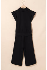 Kallie Ruffled Sleeve Zipped Top and Wide Leg Pants Set