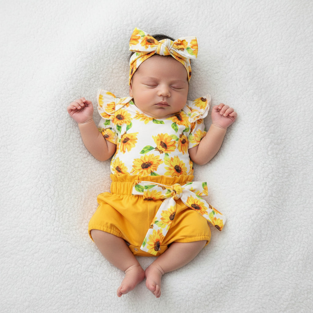 Newborn Set Baby Girl Print Short Sleeve Sunflower