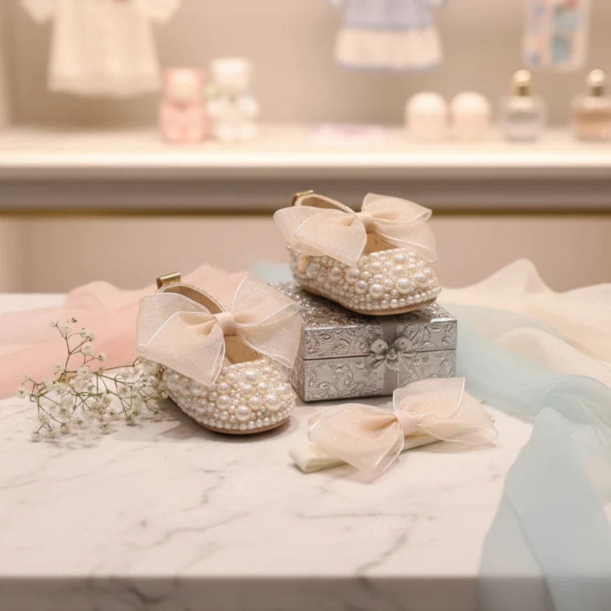 Handmade White Pearl Rhinestone Baby Crib Shoes Organza Christening Wedding 0-3m