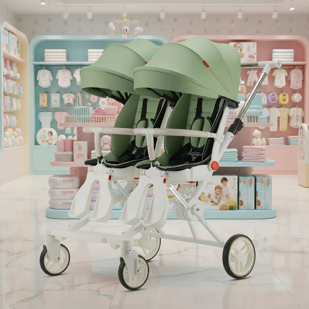 Twin Stroller Foldable Portable Four Wheel Infant Carriage