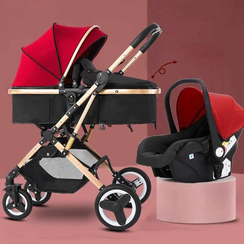 Newborn 3-in-1 Stroller with High View, Two-way Sitting and Lying Function, Baby Stroller with Carrycot and Car Safety Seat
