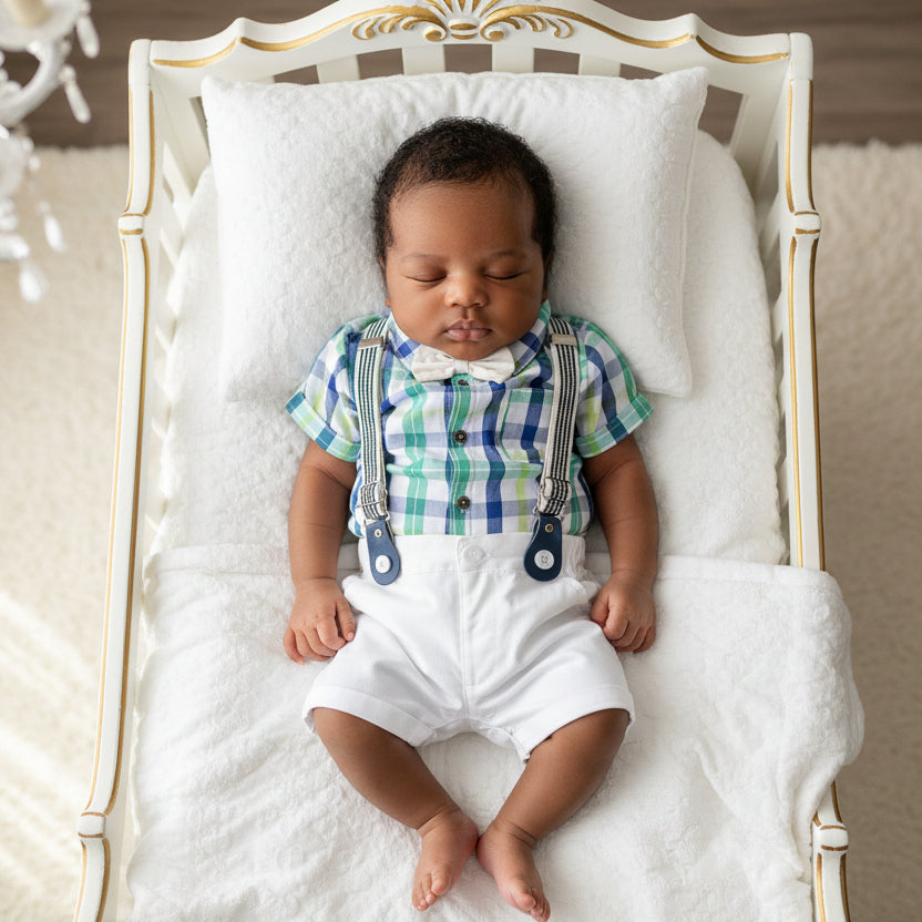 Summer Boys Gentleman Dress Short Sleeve Bodysuit Bib Shorts Set
