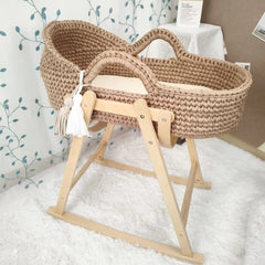 Newborn Baby Nest Lounger Cradle Crib with Wooden Frame Hand-Crocheted Bassinet Soft Mattress Portable Infant Sleeping Bed