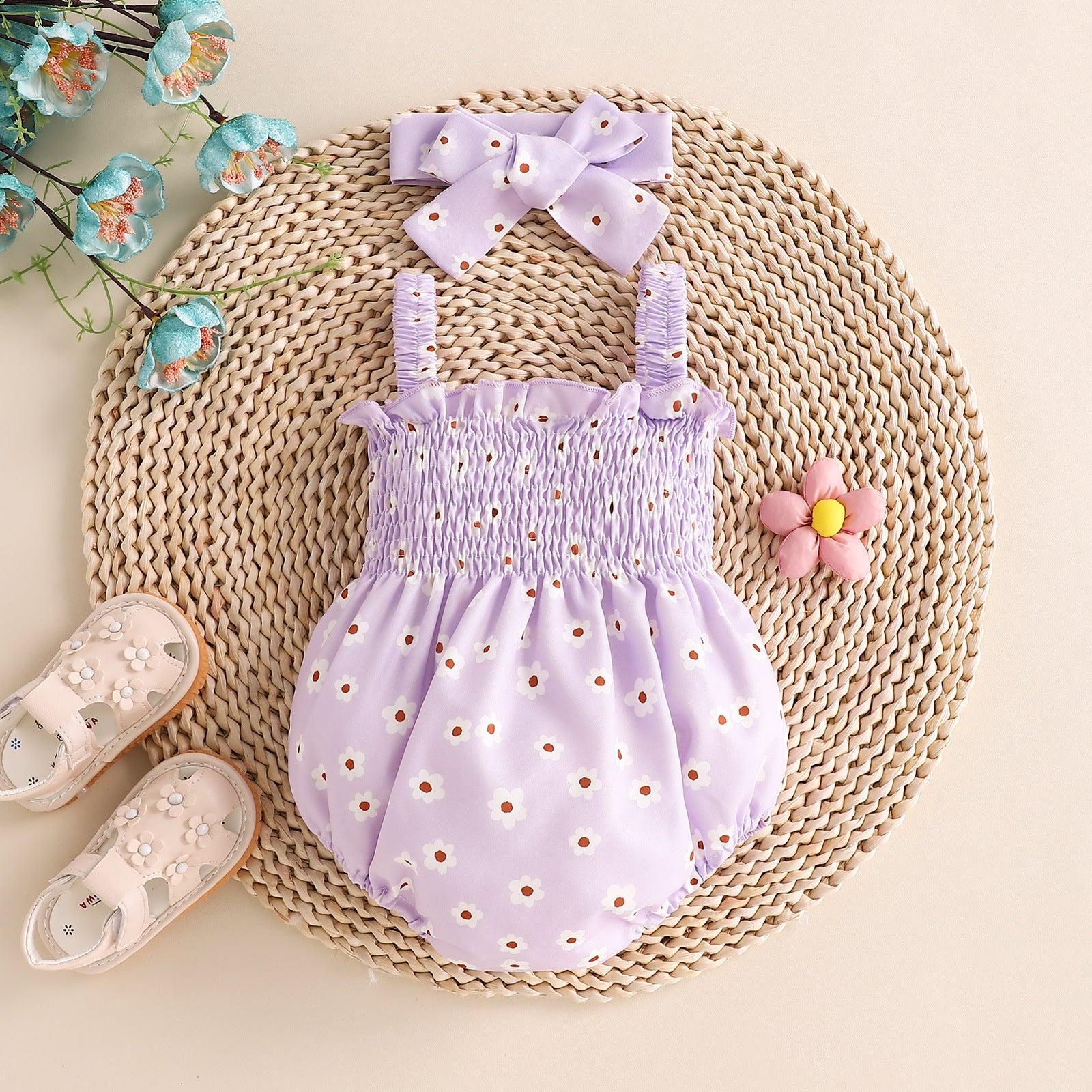 Sling Romper White Small Flower Jumpsuit Newborn