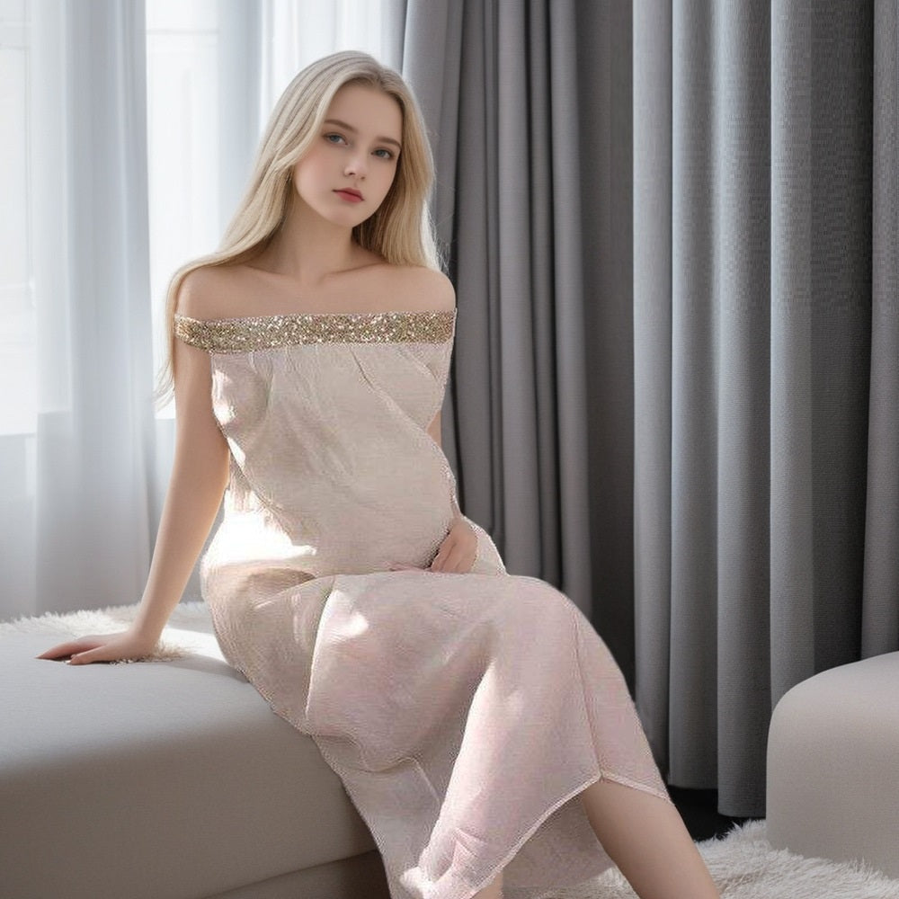 French Style Off-shoulder Sequined Tube Top Dress Lazy Vacation Style Seaside Pregnant Women Can Also Wear