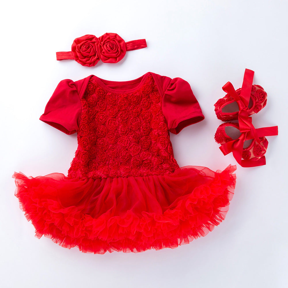 Three-piece composite rose short-sleeved dress and shoes