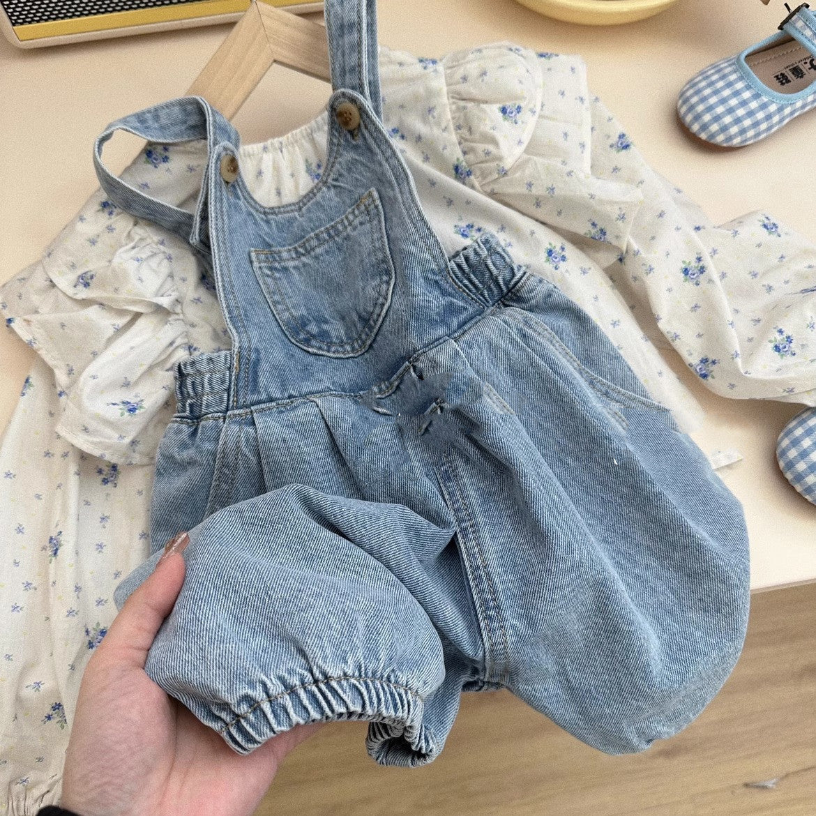 Children's Clothing Girls' Denim Brace Shorts Long-sleeved Floral Shirt