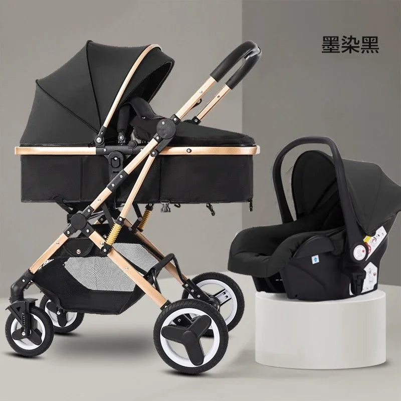 Newborn 3-in-1 Stroller with High View, Two-way Sitting and Lying Function, Baby Stroller with Carrycot and Car Safety Seat