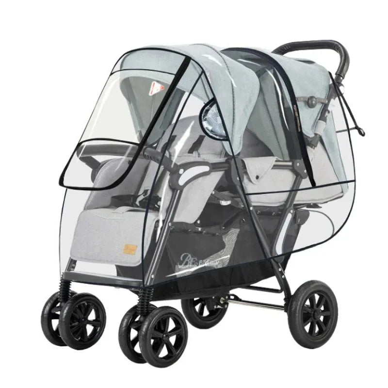 Double Seat Baby Stroller Waterproof Cover with Storage Bag for Tandem Twin Pushchair for Rainy Day Use