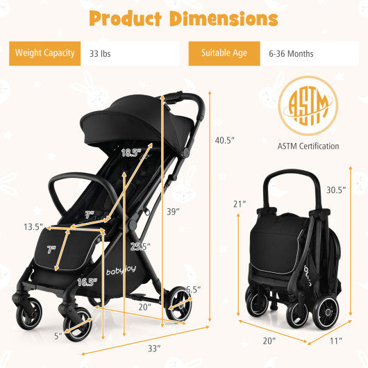 Lightweight Baby Stroller |Compact Travel Stroller for Airplane Fits Airplane Cabin & Overhead - Color: Black