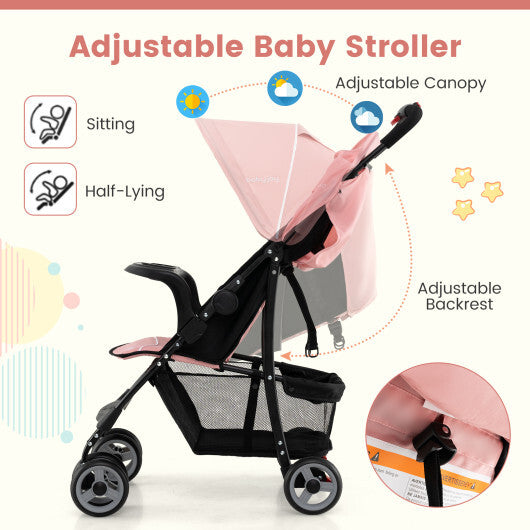 Toddler Travel Stroller for Airplane with Canopy and Adjustable Backrest-Pink - Color: Pink