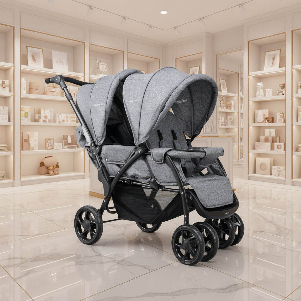 Foldable Lightweight Front Back Seats Double Baby Stroller-Gray - Color: Gray