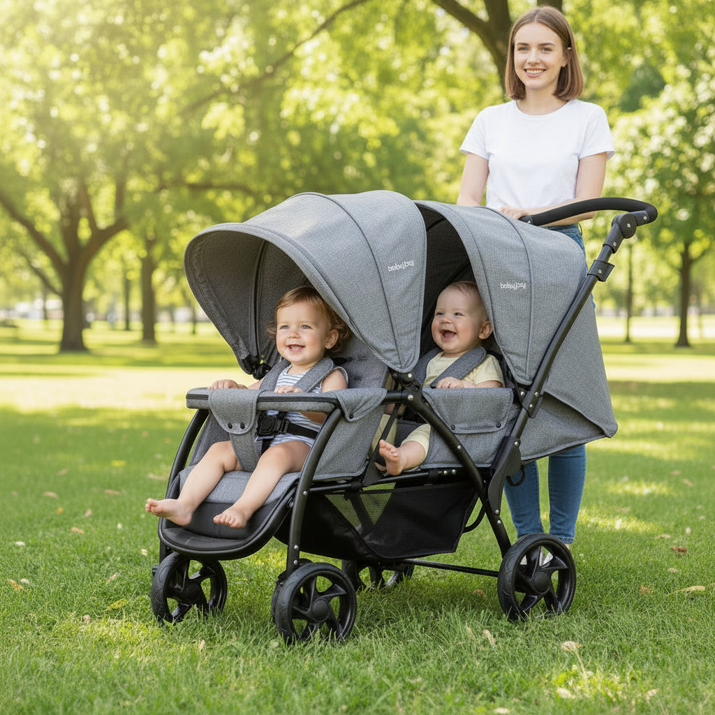 Foldable Lightweight Front Back Seats Double Baby Stroller-Gray - Color: Gray