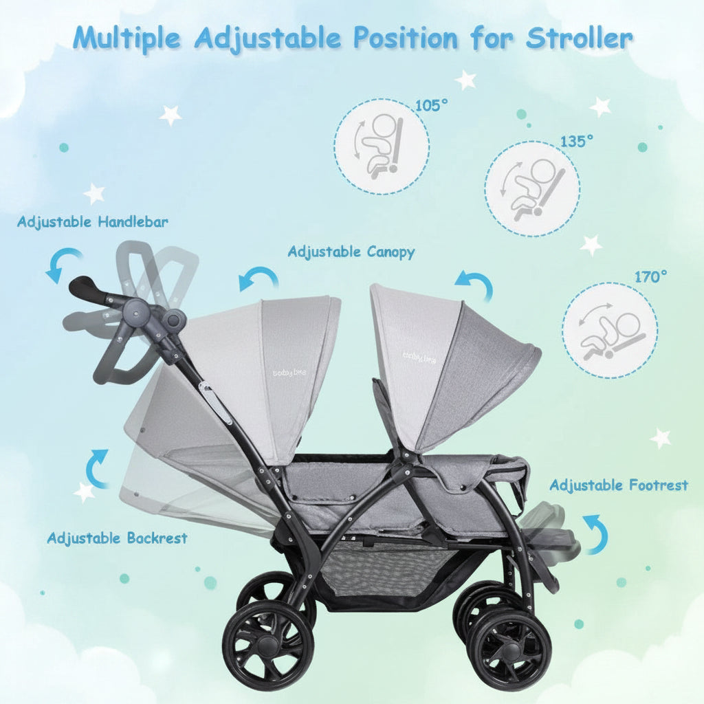 Foldable Lightweight Front Back Seats Double Baby Stroller-Gray - Color: Gray
