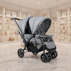 Foldable Lightweight Front Back Seats Double Baby Stroller-Gray - Color: Gray