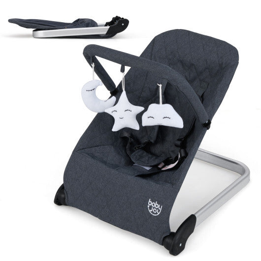 Foldable Baby Bouncer with Removable Fabric Cover and Toy Bar-Black - Color: Black