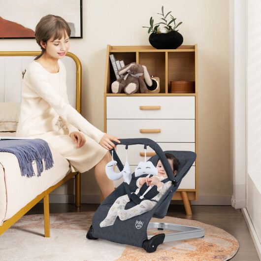 Foldable Baby Bouncer with Removable Fabric Cover and Toy Bar-Black - Color: Black