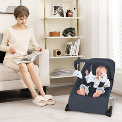Foldable Baby Bouncer with Removable Fabric Cover and Toy Bar-Black - Color: Black