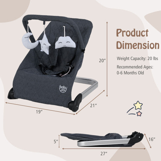 Foldable Baby Bouncer with Removable Fabric Cover and Toy Bar-Black - Color: Black