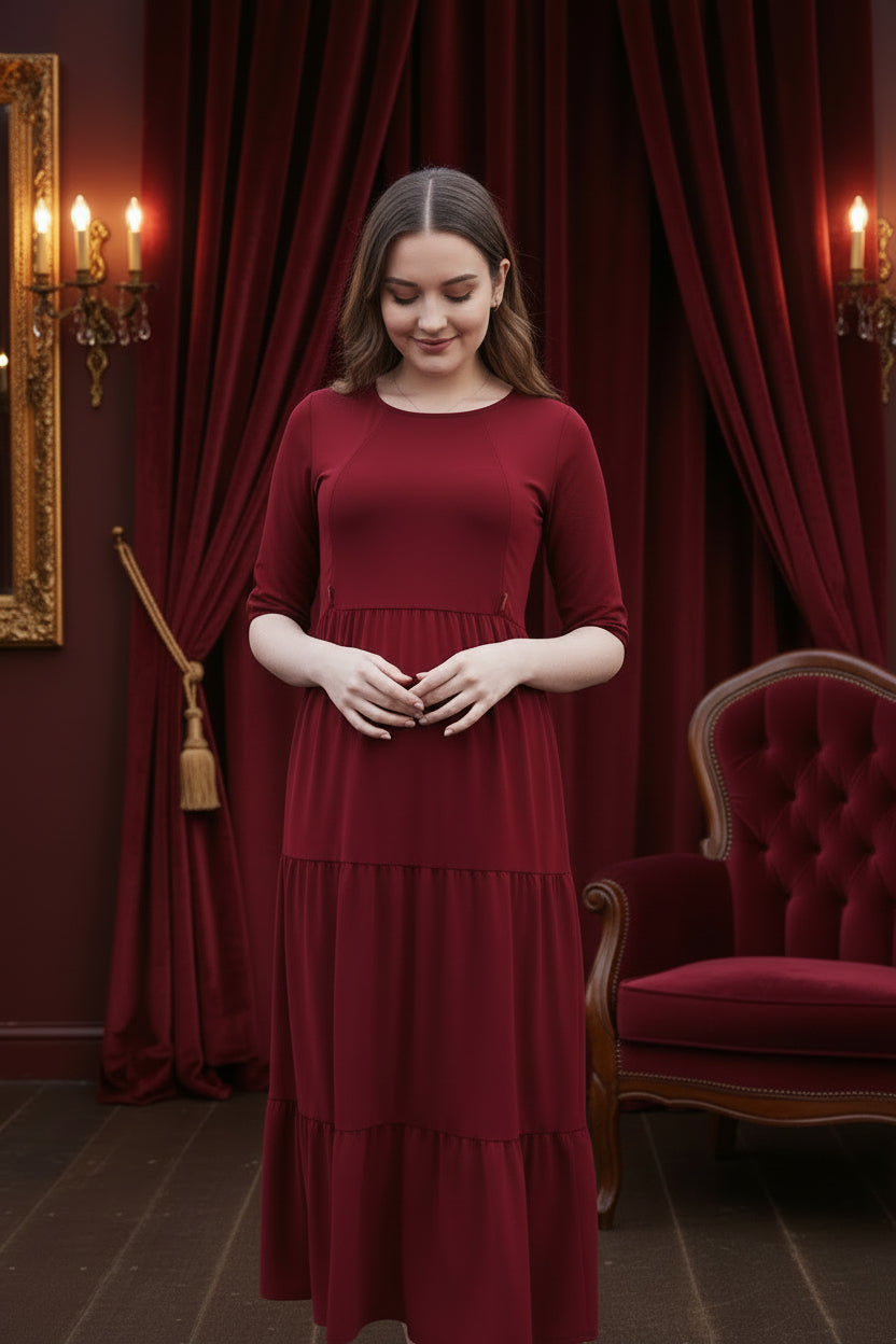 The Midi Breastfeeding Dress - Burgundy Cotton