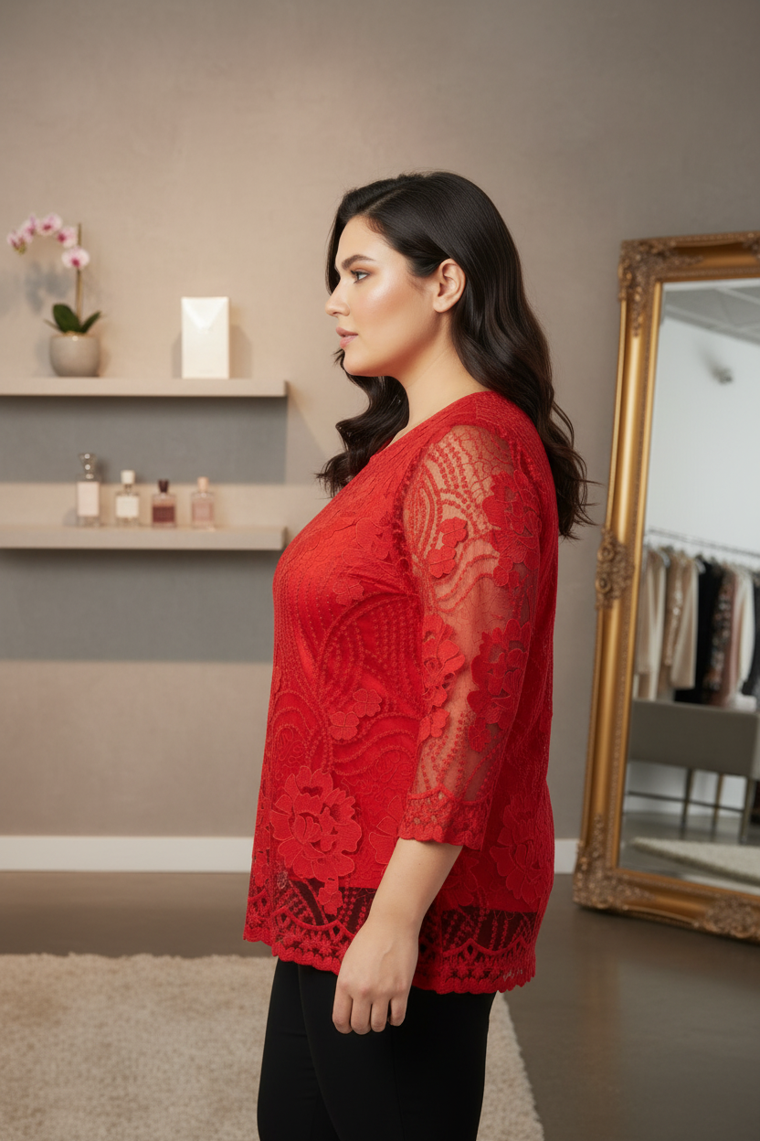 Limited Floral Lace Overlay Blouse With Sheer Sleeves