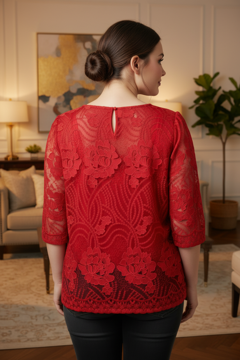 Limited Floral Lace Overlay Blouse With Sheer Sleeves